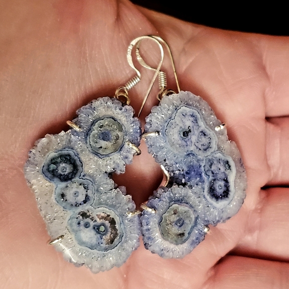 New Oversized Blue Solar Quartz Agate Silver Earrings. - Picture 9 of 14